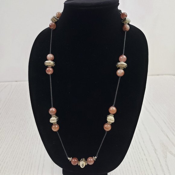 Jewelry - Brown Glass Silver Tone Bead Station Cord Necklace